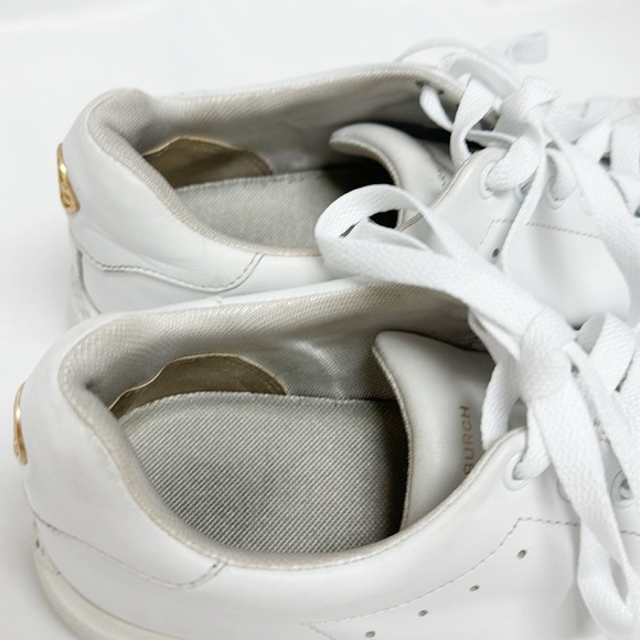 TORY BURCH White Leather Sneakers “Howell Court” Lace Up Gold Logo Size 8 - Picture 6 of 10
